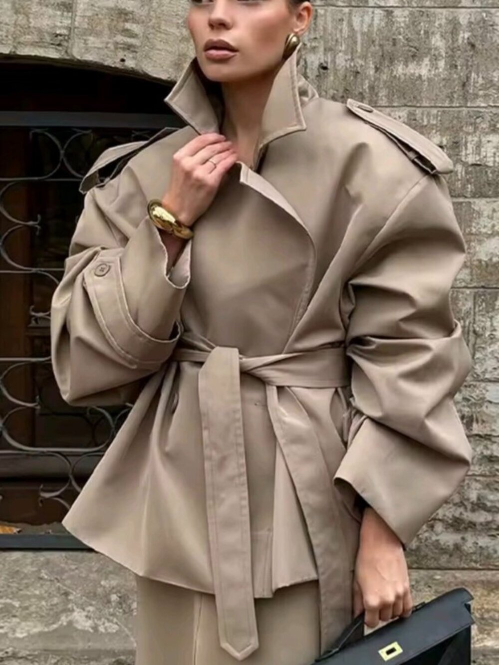 Solid Lapel Lace Up Jacket Elegant Chic Full Sleeve Button Loose Long Coat
